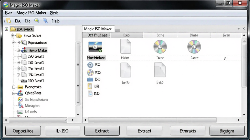 一张展示 Magic ISO Maker 软件主界面的写实风格图片,主体为电脑屏幕上打开的 Magic ISO Maker 窗口,左侧显示光盘目录树,右侧显示文件列表,下方有制作ISO、提取、刻录等功能按钮,布局居中清晰,风格为现代软件界面截图质感,细节包含ISO图标、光盘图案、菜单栏文字,画质高清,画面干净,无多余元素
