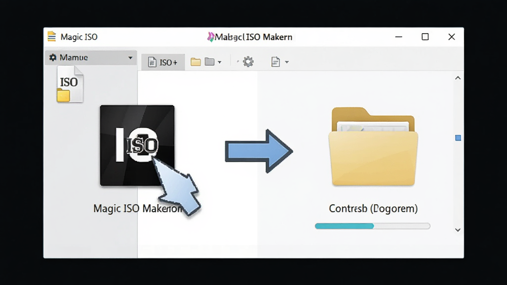 一张表现 Magic ISO Maker 镜像提取与转换功能的示意图,主体为软件界面中文件从镜像拖拽到本地文件夹的动画示意,布局为左右对比,风格为简洁UI风格,细节包含ISO图标、文件夹图标、转换箭头和进度提示,画质清晰,画面干净,无多余元素