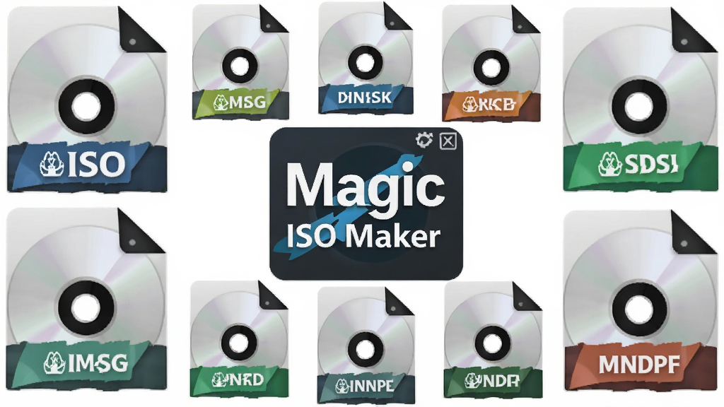 一张表现 Magic ISO Maker 多格式兼容能力的示意图,主体为多个不同格式的光盘镜像文件图标围绕软件Logo排列,布局为环形围绕式,风格为扁平化科技感,细节包含ISO、BIN、NRG、MDF等文字标签和光盘图标,画质清晰,画面干净,无多余元素