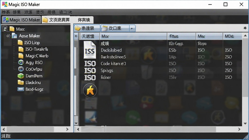 一张展示 Magic ISO Maker 中文界面布局的示意图,主体为软件窗口的双栏结构,左侧目录树右侧文件列表,顶部有中文菜单栏,布局为居中展示,风格为现代软件界面,细节包含中文按钮、ISO图标和文件列表,画质高清,画面干净,无多余元素