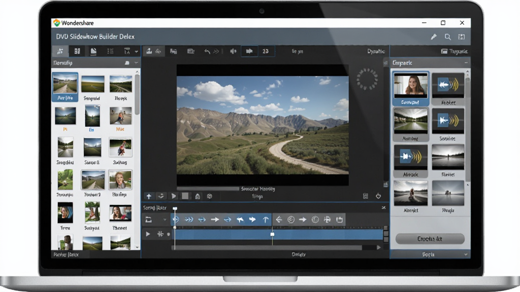 一张展示Wondershare DVD Slideshow Builder Deluxe软件界面的图片,主体是一台笔记本电脑屏幕,屏幕上显示着软件的时间轴编辑界面,左侧是照片素材库,中间是预览窗口,右侧是动态模板选择面板,布局为居中构图,风格为现代科技感,细节包括界面上的缩略图、转场图标和刻录按钮,画质清晰,干净,无多余元素