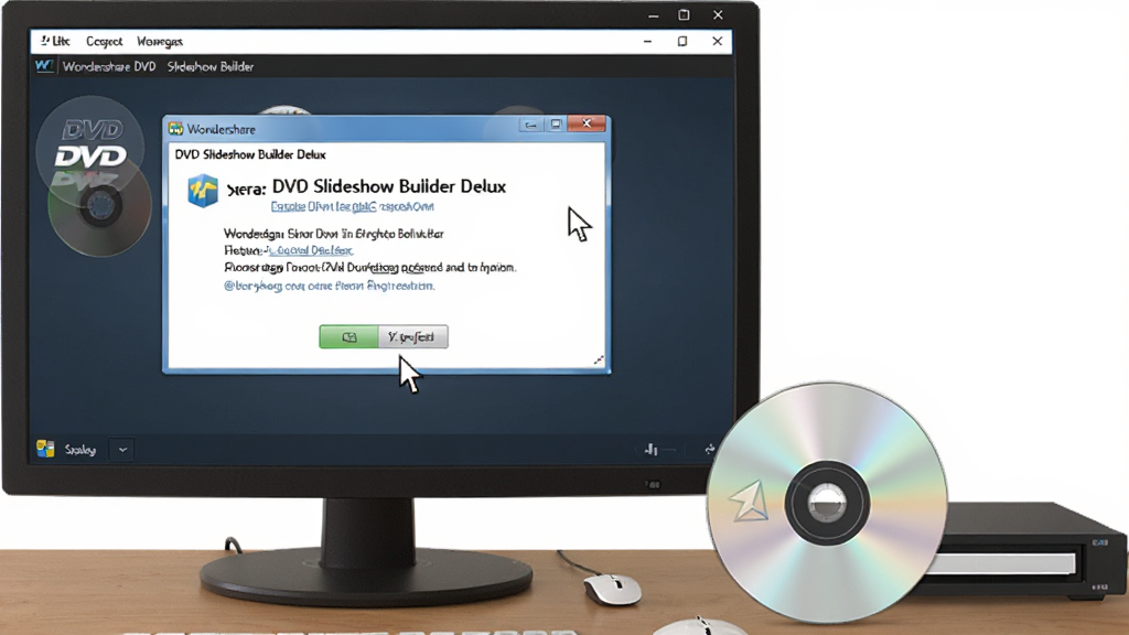 一张展示Wondershare DVD Slideshow Builder Deluxe问题解决场景的图片,主体是电脑屏幕上显示软件的错误提示窗口,旁边放着DVD光盘和刻录机,布局为桌面场景,风格为写实风格,细节包括错误弹窗、光盘反光和鼠标指针,画质清晰,干净,无多余元素