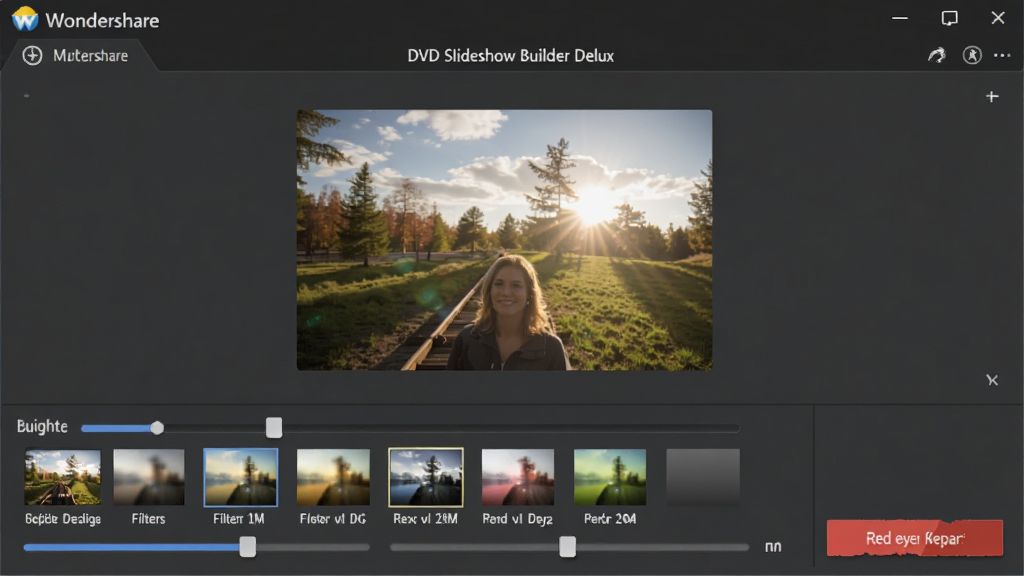 一张展示Wondershare DVD Slideshow Builder Deluxe照片增强工具的图片,主体是软件界面中的照片编辑面板,布局为上方预览下方参数调节,风格为实用工具风格,细节包括亮度滑块、滤镜缩略图和红眼修复按钮,画质清晰,干净,无多余元素