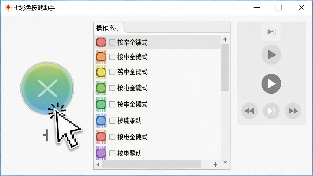 一张展示七彩色按键助手宏录制功能的示意图,画面中软件界面显示录制按钮和操作序列列表,鼠标指针正在点击录制按钮,旁边有播放控制面板,整体风格简洁专业,窗口标题包含“七彩色按键助手”字样,画质清晰,干净,无多余元素