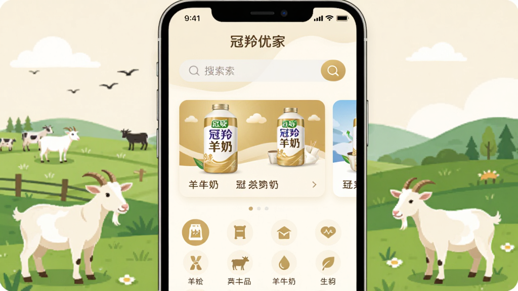 ����������һ�������ֻ�����Ļ��չʾ�š������żҡ�APP����ҳ���棬��������ů���̰�ɫ��ǳ��ɫΪ��ɫ�����Ϸ������������м������̷۲�Ʒ��Ƭ�ͷ���ͼ�꣬��Χ��������������ɽ����ɫ��ԭ��Ԫ�أ�������ñ�ƽ��UI���ϸ�����������ʸɾ��������޶���Ԫ�أ�����Ϊ���й�ͼ���Ű������