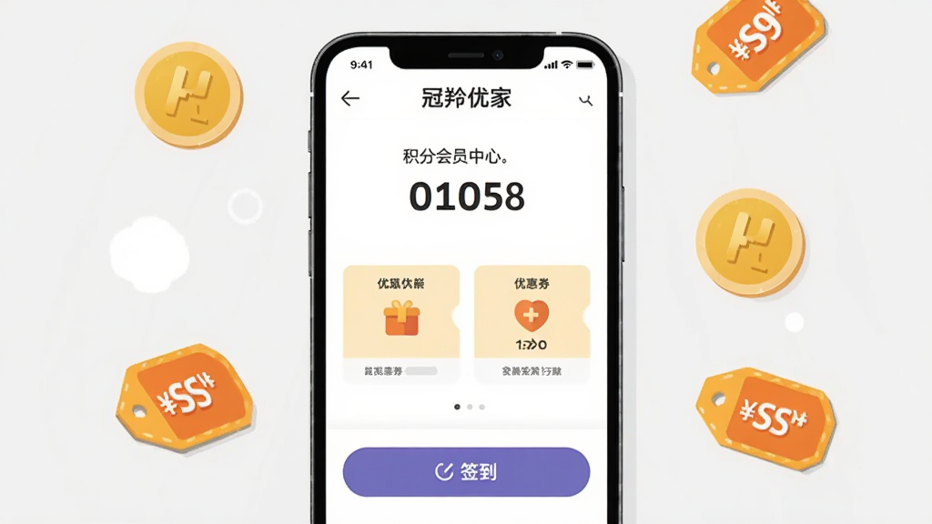 ����չʾһ���ֻ���Ļ��д����Ļ����ʾ�������żҡ�APP�Ļ�Ա����ҳ�棬�����������֡��Ż�ȯ��Ƭ��ǩ����ť����Ļ��Χɢ���Ž�ɫ�Ļ��ֱҺ��ۿ۱�ǩ������Ϊǳ��ɫ��������Ϊ��ƽ�廭���Ű���У�ϸ�����������ʸɾ����޶���Ԫ��