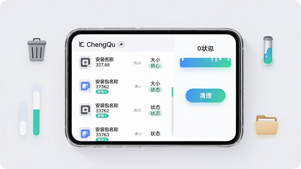 ChengQu ��װ��������洢������棬��������Ϊ�ֻ���Ļ��ʾɨ�����б���������װ�����ơ���С��״̬��ǩ���Ҳ���������ť����Χ������Ͱͼ�ꡢ�洢�����ļ���ͼ�꣬����Ϊ���ҷ��������Ϊ�б����Ҳ�Ϊ�����������Ϊ����ǳɫ��ϸ���ϴ洢�������̽��䣬����Ϊǳ�ң������������ɾ����޶���Ԫ��