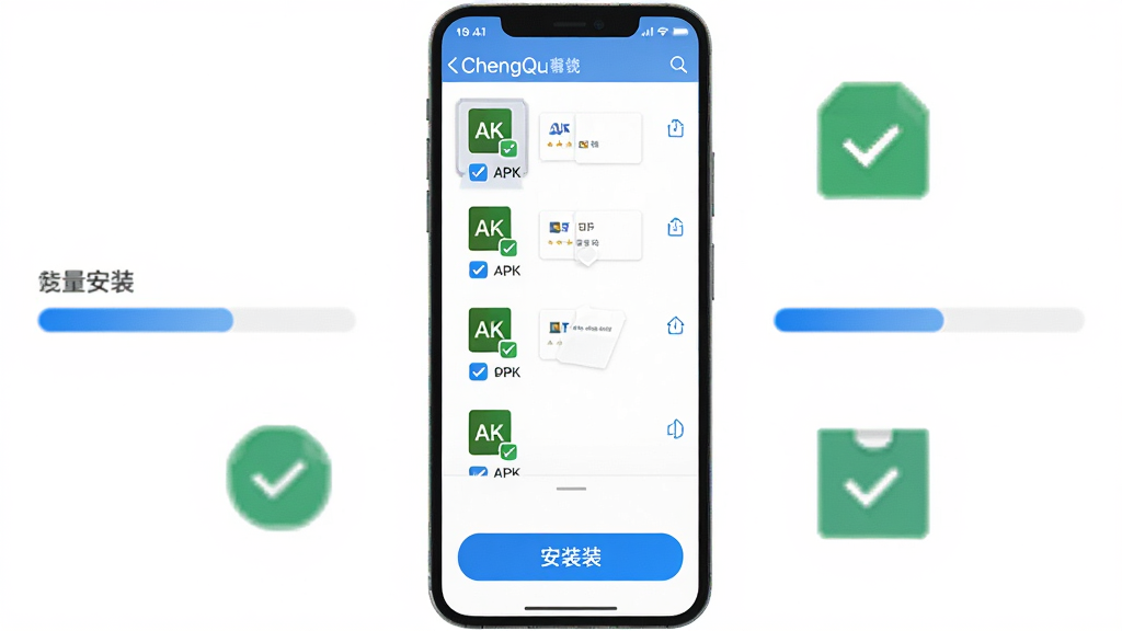 ChengQu һ����װ��������������չʾ����������Ϊ�ֻ���Ļ��ʾ��� APK �ļ�����ѡ���·��а�װ��ť����Χ�н��������Թ�ͼ�ꡢ��װ��ͼ�꣬����Ϊ���½ṹ���Ϸ�Ϊ�ļ��б����·�Ϊ������ť�����Ϊ����ƽ����ϸ���Ͻ�����������ɫ���䣬����Ϊ��ɫ�������������ɾ����޶���Ԫ��