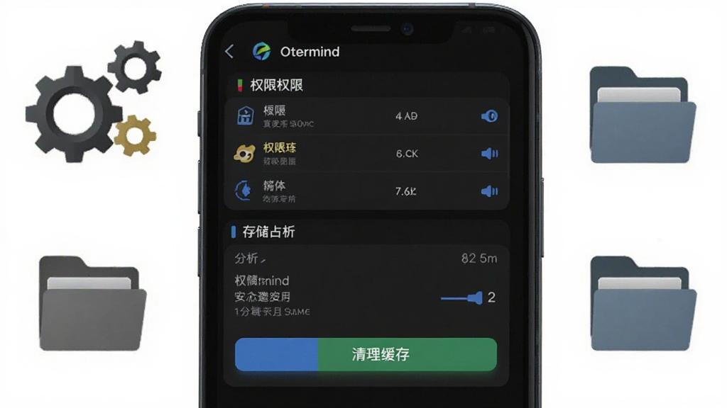 Ottermind移动端权限设置与存储管理界面截图,手机屏幕显示应用权限列表和存储占用分析,有清理缓存按钮。背景为深色模式界面,周围有齿轮和文件夹图标。风格科技实用,画质清晰,干净无多余元素。