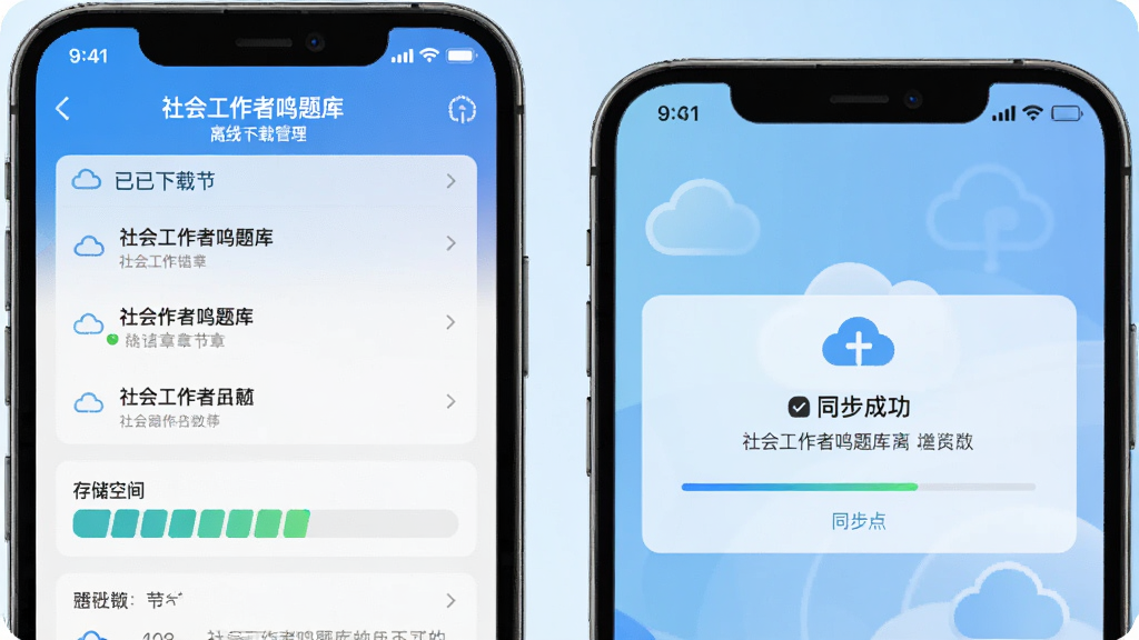 一部手机显示“社会工作者鸣题库”离线下载管理界面,界面中有已下载章节列表与存储空间占用条,另一部手机显示同步成功提示,背景为浅蓝色渐变,风格科技感,细节包含云朵图标与进度条,画质清晰,干净,无多余元素