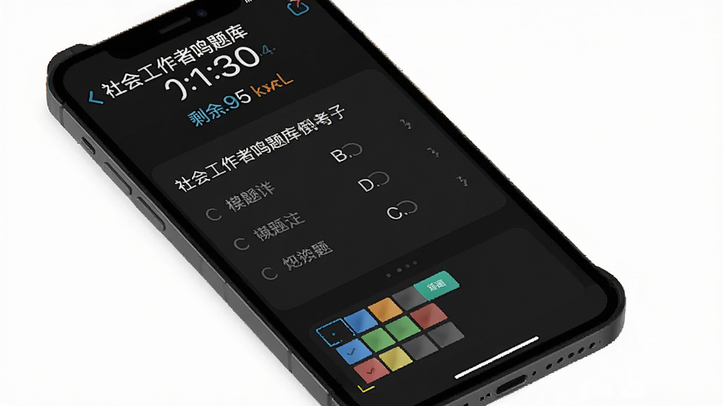 手机屏幕显示“社会工作者鸣题库”模拟考试倒计时界面,顶部为剩余时间与题目进度,中部为单选题题干与四个选项,底部为答题卡缩略图,背景为深色护眼模式,风格简洁,细节包含计时器数字与答题卡色块,画质清晰,干净,无多余元素