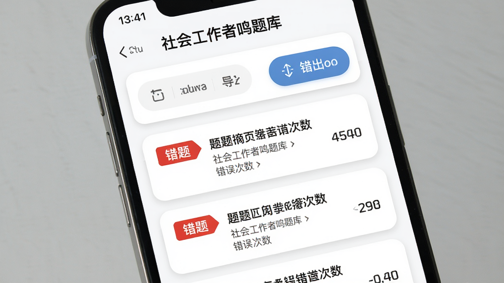 手机屏幕展示“社会工作者鸣题库”错题本页面,列表项左侧为红色错题标签,右侧为题目摘要与错误次数,顶部有筛选与导出按钮,背景为白色卡片式布局,风格清新,细节包含圆角与阴影,画质清晰,干净,无多余元素