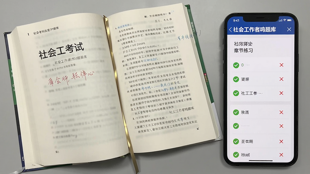 一张横向展开的书籍与手机结合场景图,左侧为翻开的社工考试教材,右侧为手机屏幕显示“社会工作者鸣题库”章节练习界面,屏幕中有绿色对勾与红色叉号标记,背景为浅灰桌面,风格写实,细节包含书签与笔记,画质清晰,干净,无多余元素