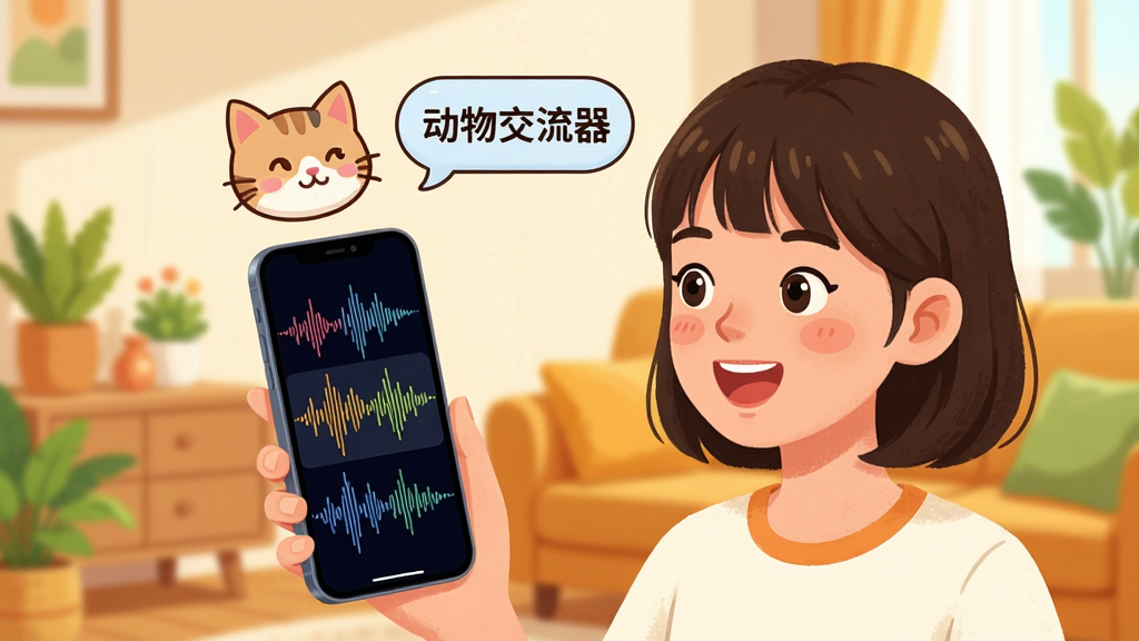 一张展示动物交流器声纹模拟功能的场景图,画面中一位年轻女孩正对着手机说话,手机屏幕显示声波转换动画,屏幕上方浮现出一只卡通猫咪的头像和对话气泡,气泡中写着“动物交流器”,背景是温馨的家居环境,风格活泼明亮,画质清晰,细节丰富,干净,无多余元素。