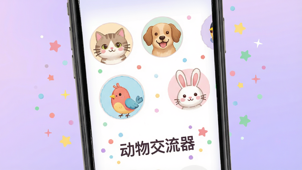 一张展示动物交流器个性化定制界面的图片,画面中手机屏幕显示着多个动物头像选项,包括猫咪、狗狗、小鸟和兔子,屏幕下方有“动物交流器”字样,周围环绕着彩色的小圆点和星星装饰,背景是柔和的渐变紫色,风格可爱清新,画质清晰,干净,无多余元素。