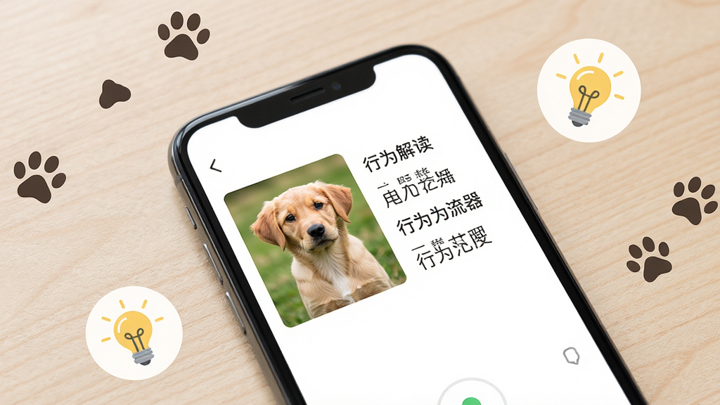 一张展示动物交流器行为解读界面的图片,画面中心是手机屏幕特写,屏幕中显示着一只小狗的图片和旁边列出的行为解读文字条目,手机周围散落着 paw 脚印和知识灯泡的图标,背景是浅色木纹桌面,风格简约现代,画质清晰,干净,无多余元素。