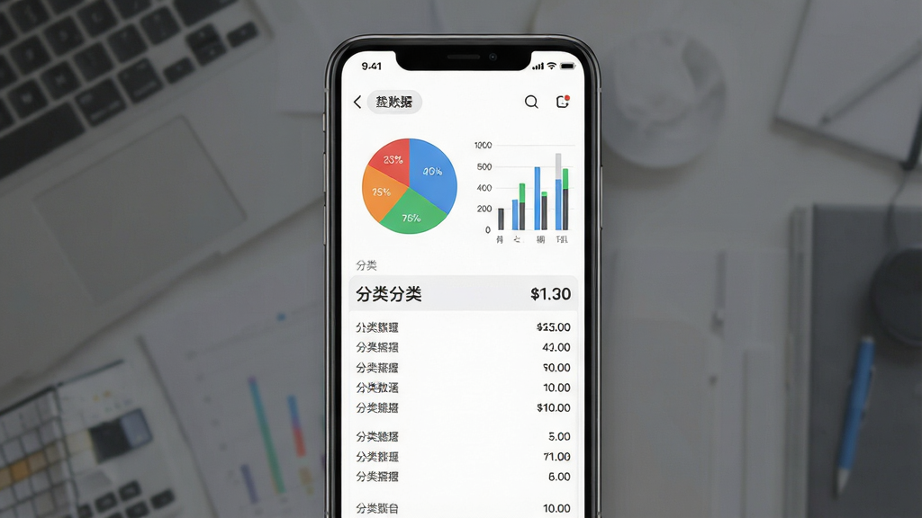 一张大小记账APP统计图表界面的效果图,画面中心是手机屏幕显示着彩色饼图和柱状图,图表下方有分类明细列表,主体为数据可视化界面,布局上下结构,排版清晰,风格为简约商务风,细节包含柔和的阴影和清晰的数字标注,画质高清,干净,无多余元素
