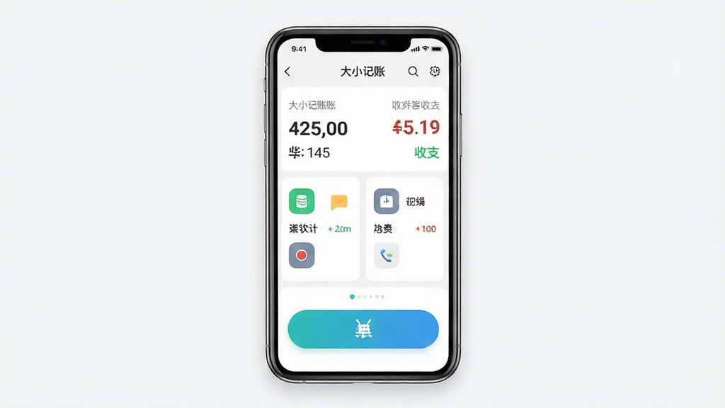 一张干净简洁的手机应用界面展示图,画面中央是一部现代智能手机,屏幕上显示着大小记账APP的主界面,界面中有清晰的收支数字和分类图标,主体突出,布局居中,排版整齐,风格为现代扁平化设计,细节上包含绿色和蓝色的记账按钮,画质高清,干净,无多余元素
