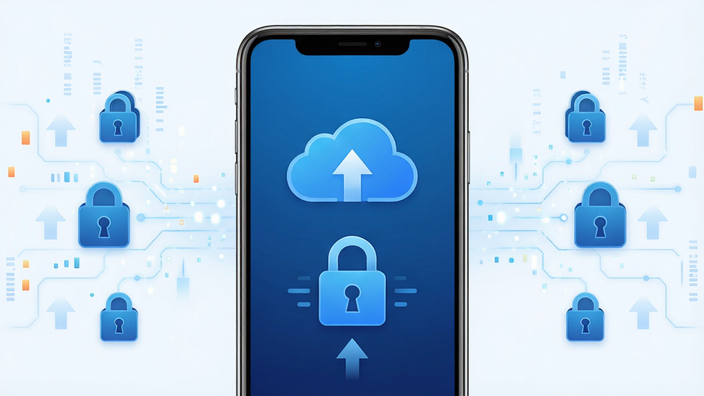 一张大小记账APP数据备份与安全功能的示意图,画面中手机屏幕显示云同步图标和加密锁标志,背景有数据流线条,主体为安全备份概念,布局居中对称,排版简洁,风格为科技蓝调,细节包括锁形图标和上传箭头,画质高清,干净,无多余元素