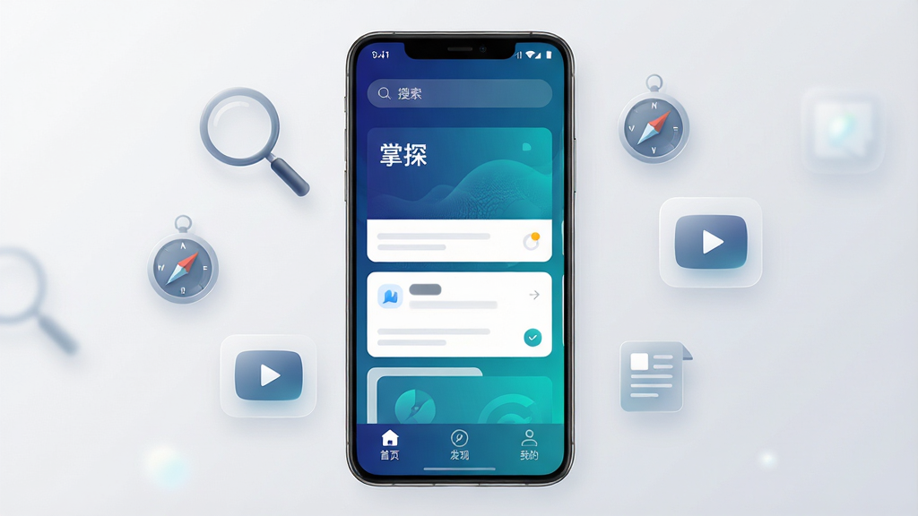 画面中央是一部竖屏安卓手机,手机屏幕上显示“掌探”应用主界面,界面采用深蓝与青色渐变配色,顶部有搜索框,中间是卡片式内容流,底部导航栏有首页、发现、我的三个图标。手机周围漂浮着放大镜、指南针、视频播放按钮、文章图标等半透明元素。背景是干净的浅灰色渐变,整体风格简洁科技感,细节清晰,画质干净,无多余元素,4K高清。