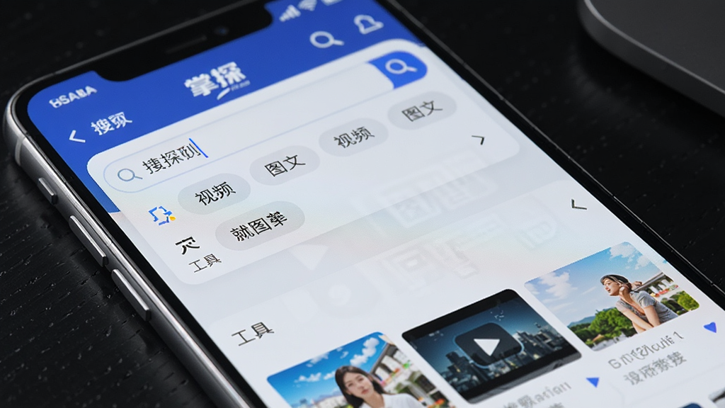 特写镜头拍摄手机屏幕,屏幕上显示“掌探”的搜索界面,搜索框内有文字输入,下方弹出联想词列表,搜索结果按“视频”“图文”“工具”分组展示,每组有清晰的标题和缩略图。手机边缘有轻微反光,背景是深色桌面,画质锐利,细节丰富,无多余元素。
