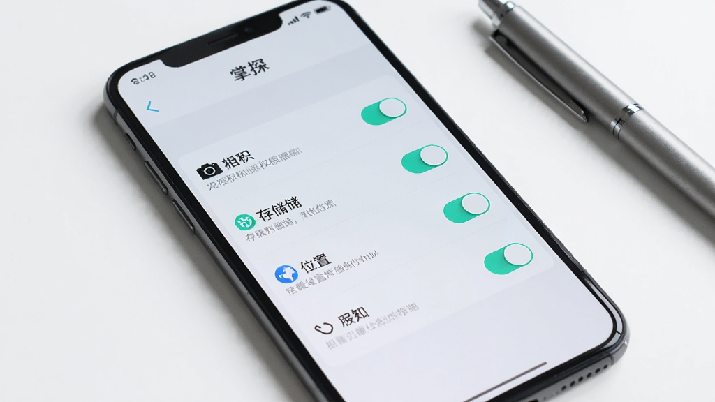 手机屏幕显示“掌探”的权限管理页面,页面中列出相机、存储、位置等权限开关,每个权限旁边有简短说明文字。界面采用浅色主题,开关按钮为青色,整体布局清晰。手机放置在白色桌面上,旁边有一支笔,风格简约干净,画质高清,无多余元素。