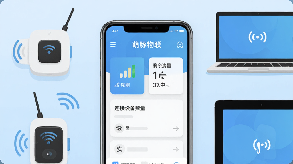 画面中央展示一部智能手机,手机屏幕上显示“萌豚物联”APP的首页界面,界面中包含信号强度、剩余流量、已连接设备数量等卡片式信息。手机周围环绕着随身WiFi设备、笔记本电脑、平板等数码产品,以扁平化插画风格呈现,背景为浅蓝色渐变,整体布局整洁有序,风格清新科技,细节清晰,画质干净,无多余元素。
