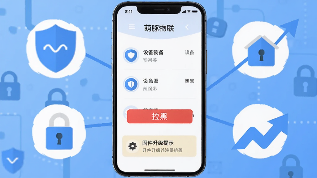 画面中央是一部智能手机,屏幕上显示“萌豚物联”的设备安全检测界面,包含设备列表、拉黑按钮、固件升级提示等元素,手机周围有盾牌、锁、升级箭头等图标,以科技蓝为主色调,扁平化风格,布局简洁,细节清晰,画质干净,无多余元素。