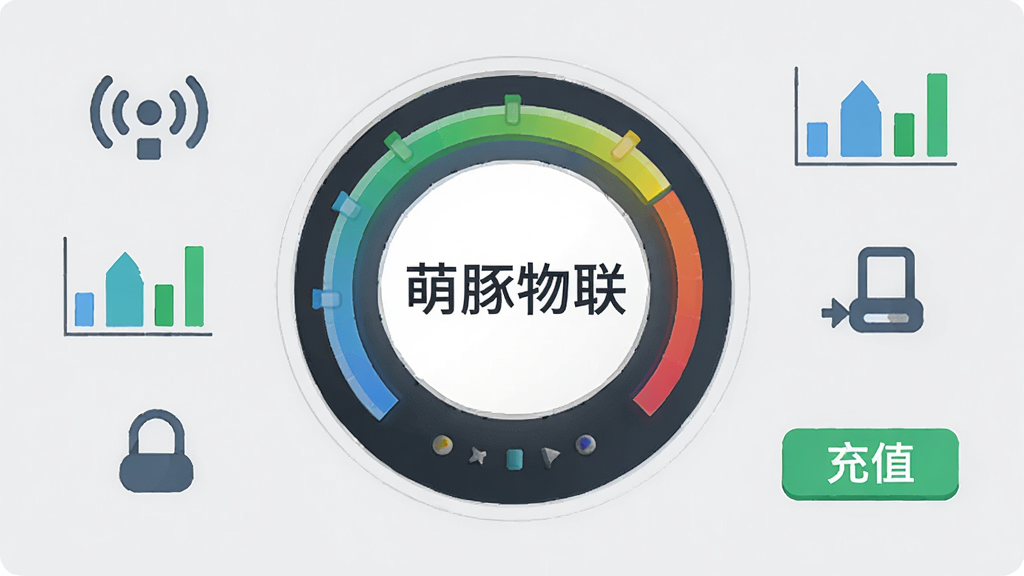 画面中心是一个圆形的设备管理仪表盘,上面标注“萌豚物联”字样,仪表盘周围分布着信号图标、流量柱状图、设备连接图标、充值按钮等元素,以简洁的扁平化设计风格呈现,背景为浅灰色,布局对称,细节精致,画质清晰,干净无杂乱。