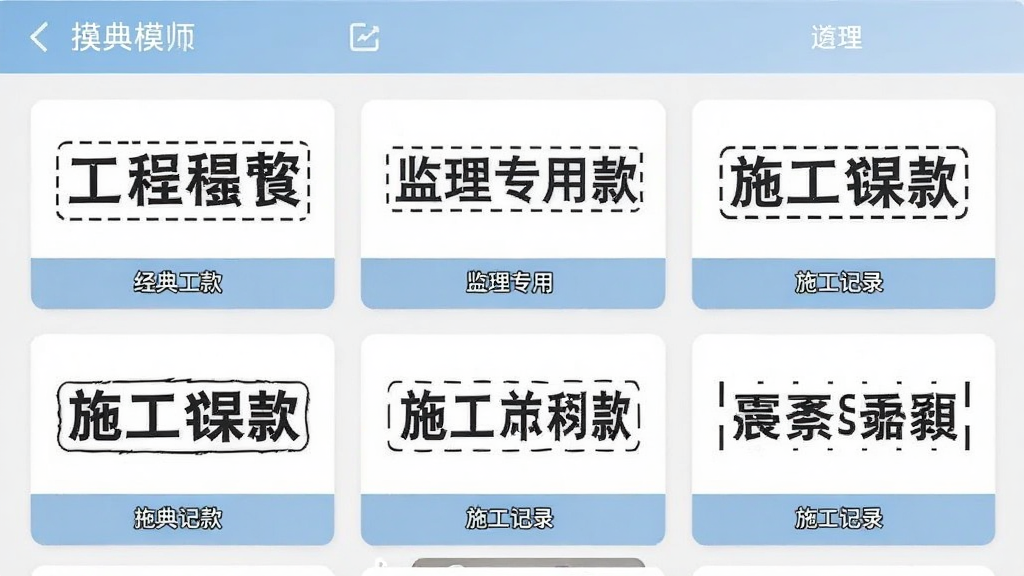 工程水印拍照相机应用内水印模板选择界面,屏幕上排列多个不同风格的水印样式卡片,包括经典工程款、监理专用款、施工记录款,背景是整洁的应用列表页,布局为网格状排列,风格现代扁平化,细节包含模板缩略图和名称标签,画质清晰干净,无多余元素