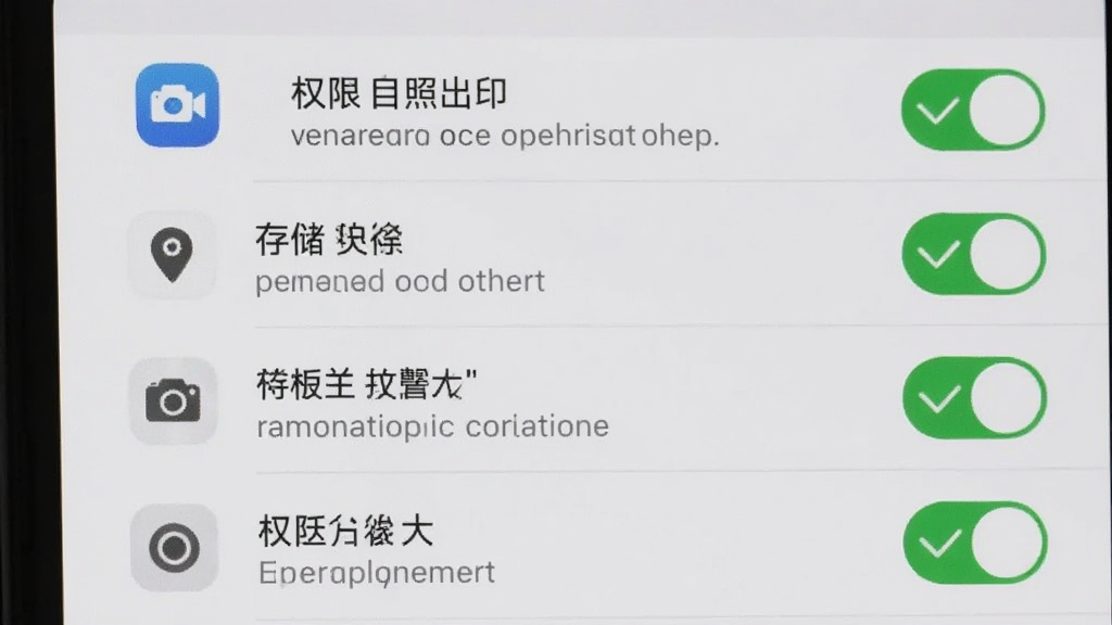 工程水印拍照相机在手机桌面的应用图标和权限设置界面,屏幕显示定位、存储、相机三项权限已开启,背景为简洁的手机设置页面,布局为图标特写加权限列表,风格清晰实用,细节包含绿色对勾和权限说明文字,画质干净无多余元素