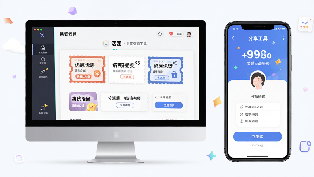 一张美碧云收银拓客系统拓客营销工具展示图,画面主体为电脑屏幕上显示优惠券和拼团活动配置界面,旁边有手机展示分享页面,布局采用左右分屏构图,风格为现代扁平化设计,细节上突出营销活动的视觉吸引力与操作便捷性,画质高清,干净,无多余元素