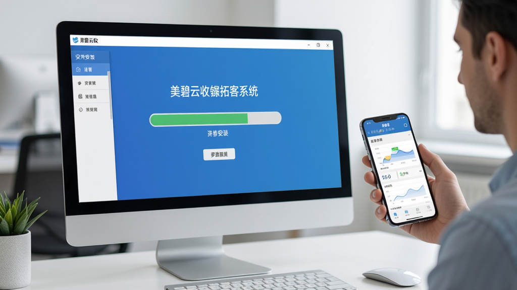 一张美碧云收银拓客系统安装与使用场景图,画面主体为电脑屏幕上显示安装进度条和软件启动界面,旁边有用户手持手机查看移动端数据,布局采用前后景层次构图,风格为写实办公场景,细节上突出安装步骤与多端协同的便利性,画质高清,干净,无多余元素