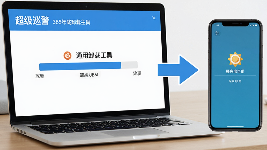 画面展示一台笔记本电脑和一部手机并排放在桌面上,电脑屏幕上显示超级巡警通用卸载工具的卸载进度条,手机屏幕显示系统自带清理界面,中间有一个箭头指向电脑,强调电脑端为主,整体风格简洁明了,色调蓝白,画质清晰,无多余元素