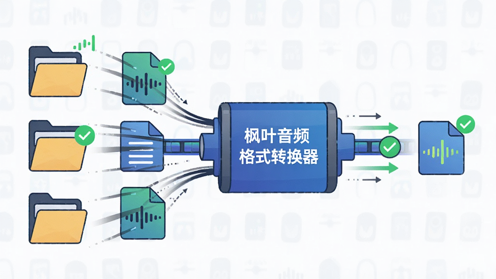 一张效率场景图,主体为多个音频文件图标整齐排列进入转换通道,布局为从左到右的流水线式构图,左侧是文件夹图标,中间是