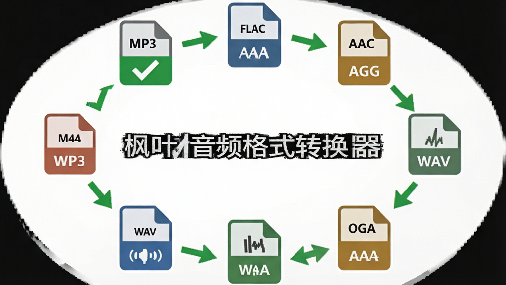 一张功能展示图,主体为一组音频格式图标环绕在
