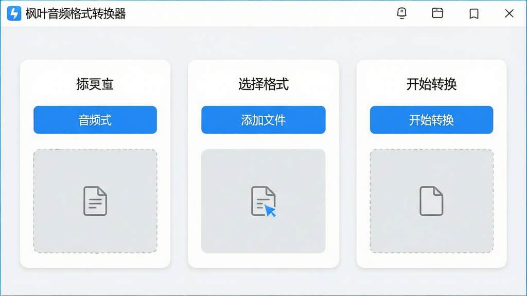 一张软件主界面截图风格图,主体为三步骤操作流程展示,布局为横向排列的添加文件、选择格式、开始转换三个模块,顶部有