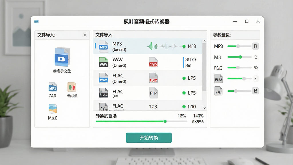 一张横版软件界面全景图,主体为简洁白色窗口,中央区域展示音频文件列表和转换进度条,顶部有