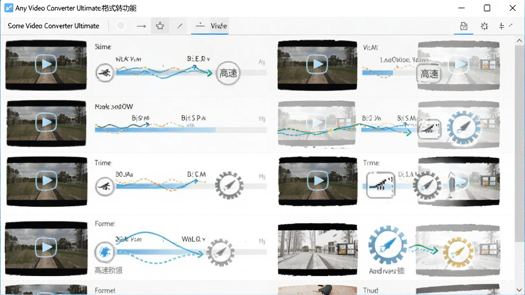 Any Video Converter Ultimate ��ʽת������չʾͼ������Ϊ�������������ڽ��е���Ƶ��ʽת�������б�������Ϊ�����Ƶ�ļ�������ʾת�����ȣ��Ű�Ϊ�����б�ʽ�����Ϊ���ֱ�۵�ǳɫ���⣬ϸ�ڰ���Դ��ʽ��Ŀ���ʽ�Աȡ�����ת����ʶ��Ӳ������ͼ�꣬�����������ɾ����޶���Ԫ��