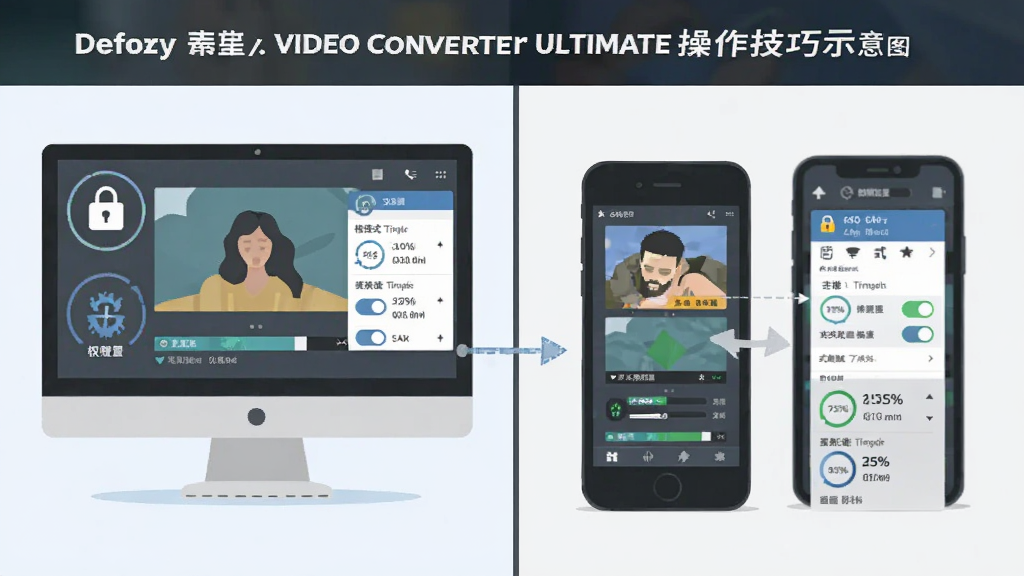 Any Video Converter Ultimate ��������ʾ��ͼ������Ϊ�������ֻ�ͬʱ��ʾ��Ƶת�����ȣ�����Ϊ���ҷ����Աȣ��Ű�Ϊ�̳̲���ʽ�����Ϊ��ƽ���廭�磬ϸ�ڰ���Ȩ������ͼ�ꡢӲ�����ٿ��ء���ʽѡ��˵������Ȱٷֱȣ������������ɾ����޶���Ԫ��