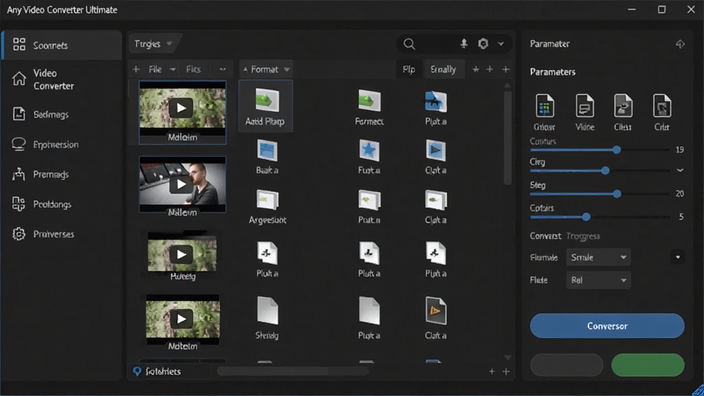 Any Video Converter Ultimate ����������Ԥ��ͼ������Ϊ������Ļ����ʾ����Ƶת�������������棬����Ϊ��๦�ܵ��������м��ļ��б������Ҳ����������壬�Ű��������򣬷��Ϊ�ִ��Ƽ�����ɫ���⣬ϸ�ڰ�����Ƶ����ͼ����ʽͼ�ꡢ��������ת����ť�������������ɾ����޶���Ԫ��
