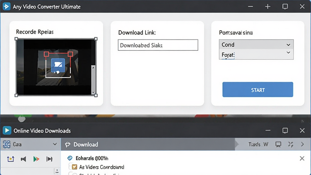 Any Video Converter Ultimate ¼�������ع��ܽ���ͼ������Ϊ�����е���Ļ¼�����ô�����������Ƶ����������������Ϊ���������֣��Ű�Ϊ���ܿ�Ƭʽ�����Ϊ��ˬ������ִ�UI��ϸ�ڰ���¼������ѡ���������������򡢸�ʽѡ��˵�����ʼ��ť�������������ɾ����޶���Ԫ��