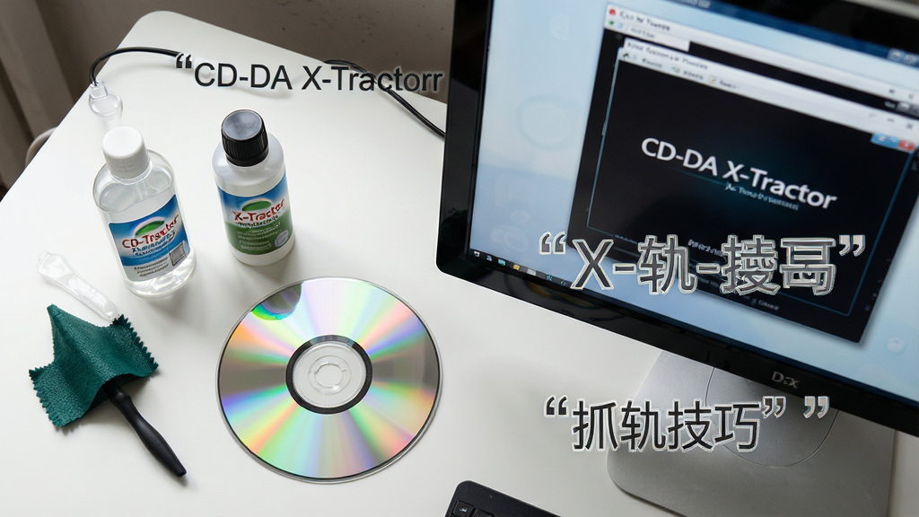 一张展示CD-DA X-Tractor使用技巧的图片,主体为电脑旁放置一张CD光盘和一瓶光盘清洁液,屏幕上显示CD-DA X-Tractor软件界面。布局采用桌面俯视角度,左侧为清洁工具,右侧为屏幕。排版自然,画面中文字用引号标注“CD-DA X-Tractor”“抓轨技巧”。风格为生活化科技场景,细节包括清洁液的透明瓶身、光盘的彩虹反光、屏幕的柔和亮度。画质高清,干净,无多余元素。