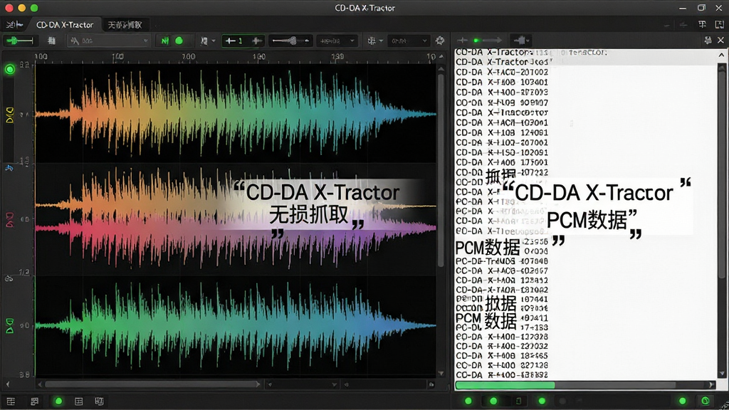 一张展示CD-DA X-Tractor精准抓轨功能的图片,主体为软件界面中音轨波形图与抓取日志并排显示。布局采用左右分栏,左侧为彩色音频波形,右侧为滚动日志窗口。排版整洁,界面中文字用引号标注“CD-DA X-Tractor”“无损抓取”“PCM数据”。风格为专业音频工作站质感,细节包括波形图的细腻渐变、日志窗口的等宽字体、进度指示灯的绿色光晕。画质高清,干净,无多余元素。