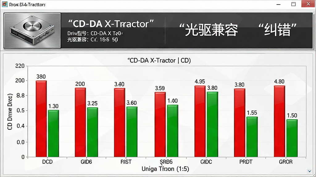 一张展示CD-DA X-Tractor光驱纠错功能的图片,主体为软件界面中显示光驱型号和读取错误统计图表。布局采用上下结构,上方为光驱信息栏,下方为错误分布柱状图。排版清晰,界面文字用引号标注“CD-DA X-Tractor”“光驱兼容”“纠错”。风格为硬件检测工具风格,细节包括柱状图的红绿对比、光驱图标的金属质感、数据标签的精确显示。画质高清,干净,无多余元素。