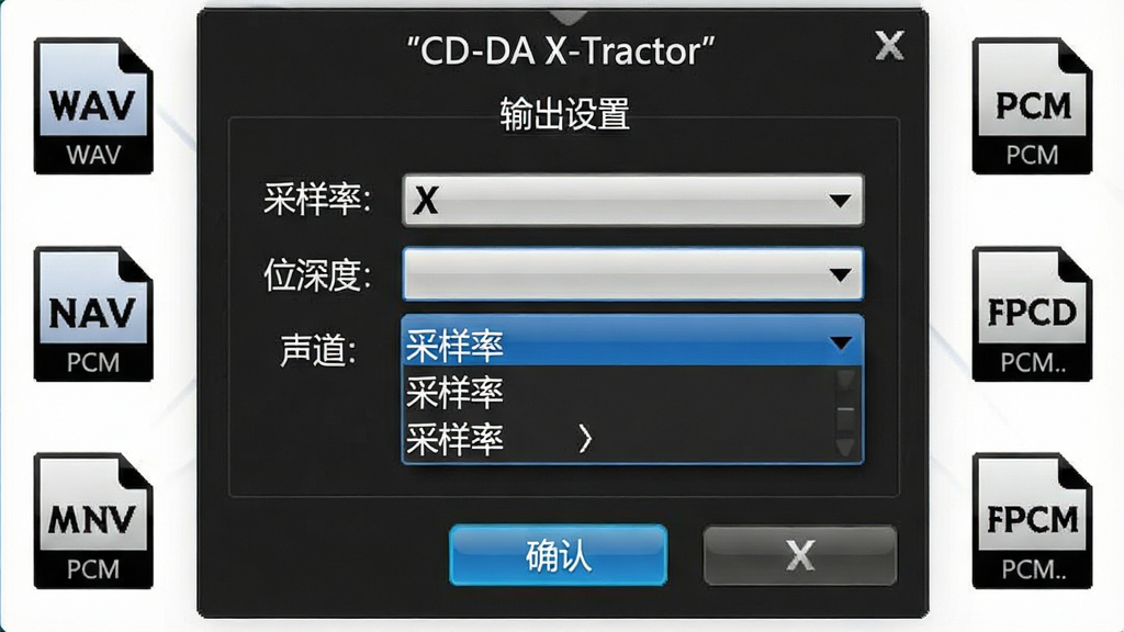 一张展示CD-DA X-Tractor输出设置界面的图片,主体为软件设置面板中采样率、位深度、声道等选项的下拉菜单。布局采用居中面板,周围环绕着格式图标如WAV、PCM。排版规整,界面文字用引号标注“CD-DA X-Tractor”“输出设置”“采样率”。风格为专业软件设置界面,细节包括下拉菜单的立体感、选项文字的清晰层级、确认按钮的高亮。画质高清,干净,无多余元素。