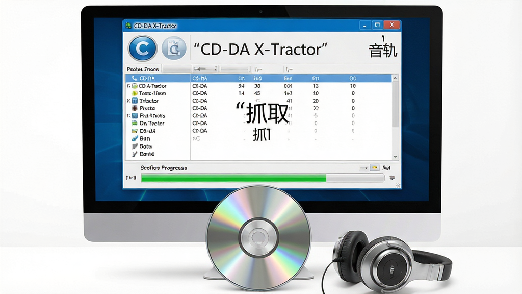 一张展示CD-DA X-Tractor软件界面的图片,主体为电脑屏幕上打开的CD-DA X-Tractor软件窗口,窗口内显示音轨列表和抓取进度条。布局采用居中构图,屏幕下方放置一张银色CD光盘和一副耳机作为装饰。排版清晰,软件界面文字用引号标注“CD-DA X-Tractor”“抓取”“音轨”。风格为现代科技感,细节包括软件图标的蓝色调、进度条的绿色填充、光盘的金属反光。画质高清,干净,无多余元素。