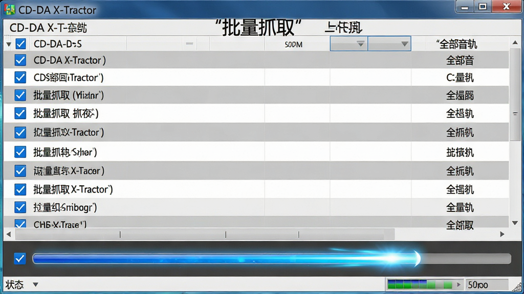 一张展示CD-DA X-Tractor批量处理功能的图片,主体为软件界面中多行音轨列表全部被勾选,下方进度条同时推进。布局采用上下结构,上方为音轨表格,下方为总进度条和状态栏。排版清晰,界面文字用引号标注“CD-DA X-Tractor”“批量抓取”“全部音轨”。风格为效率工具风格,细节包括勾选框的蓝色对勾、表格的交替行底色、进度条的动态光效。画质高清,干净,无多余元素。