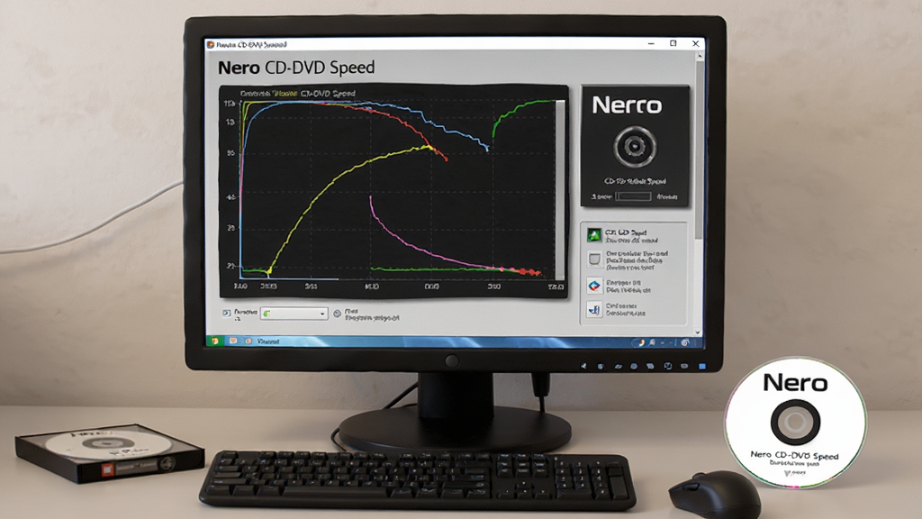 一张展示用户在电脑前使用 Nero CD-DVD Speed 进行光盘测试的场景图,主体为电脑屏幕显示测试曲线和桌面上的光盘,布局为屏幕居中、光盘位于右下角,排版自然,风格为真实办公场景照片,细节包括键盘、鼠标和光盘盒,画质高清、干净、无多余元素