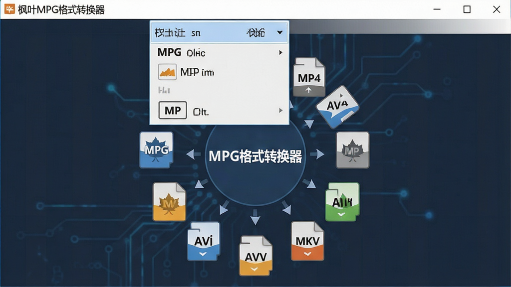 一张展示枫叶MPG格式转换器多格式互转功能的图片,主体是软件界面中格式选择下拉菜单展开状态,布局为中心区域显示MPG、MP4、AVI、MKV等格式图标环绕排列,排版呈圆形放射状,风格为扁平化科技感,细节包括